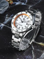 Wrist view of San Martin SN0129 automatic dive watch with 316L stainless steel bracelet and new fly adjustable clasp