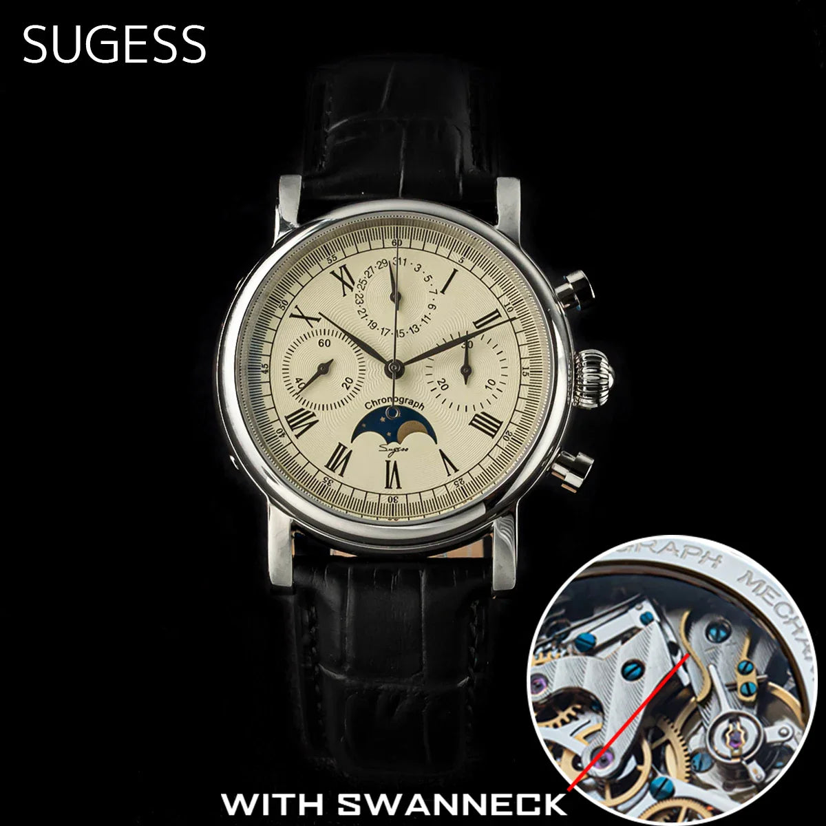 Sugess M199S mechanical watch with moonphase complication visible on beige dial, 40mm stainless steel case and sapphire crystal