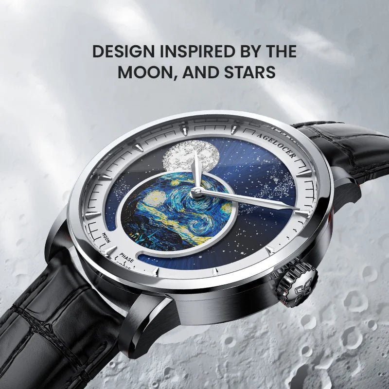Agelocer Lunar Reserve 6401A1 moonphase watch with oil-painted dial and sapphire crystal, 40mm stainless steel case