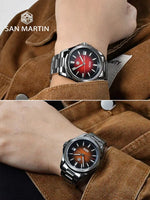 Close-up of gradient brown dial inspired by moonlight, San Martin bracelet with new fly adjustable clasp detail