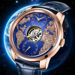MERIDIAN Skeleton Automatic with open movement dial, luminous hands, and stainless steel case on cognac leather strap