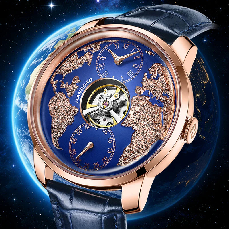 MERIDIAN Skeleton Automatic with open movement dial, luminous hands, and stainless steel case on cognac leather strap