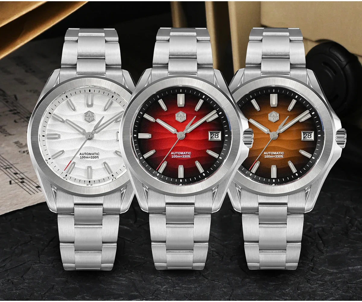 Screw-down crown with 3D hexagon logo on San Martin automatic watch, crown guard visible on 39mm case