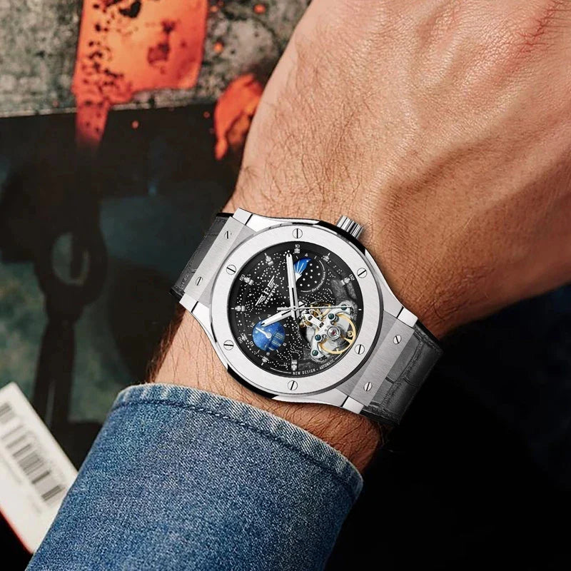 Wrist presence of TYNDALL Skeleton Moon Phase P6537 luxury automatic showing luminous hands and screw crown design on round polished case