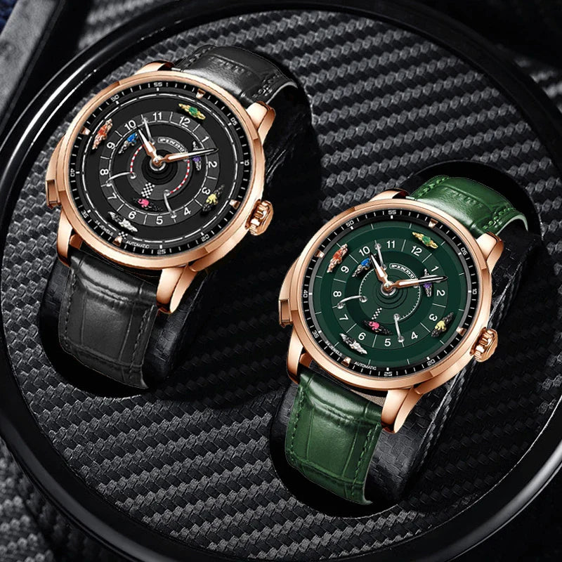 Stainless steel case on MERIDIAN 47mm skeleton diving watch showing rotating dial design and shock resistant construction