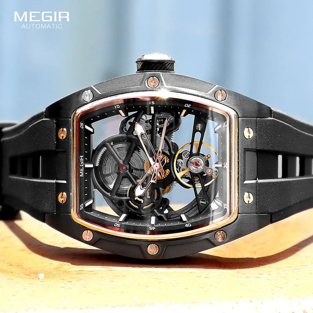 VESPER Skeleton Tonneau Automatic wristwatch with exposed mechanical movement visible through Hardlex crystal and luminous hand markers