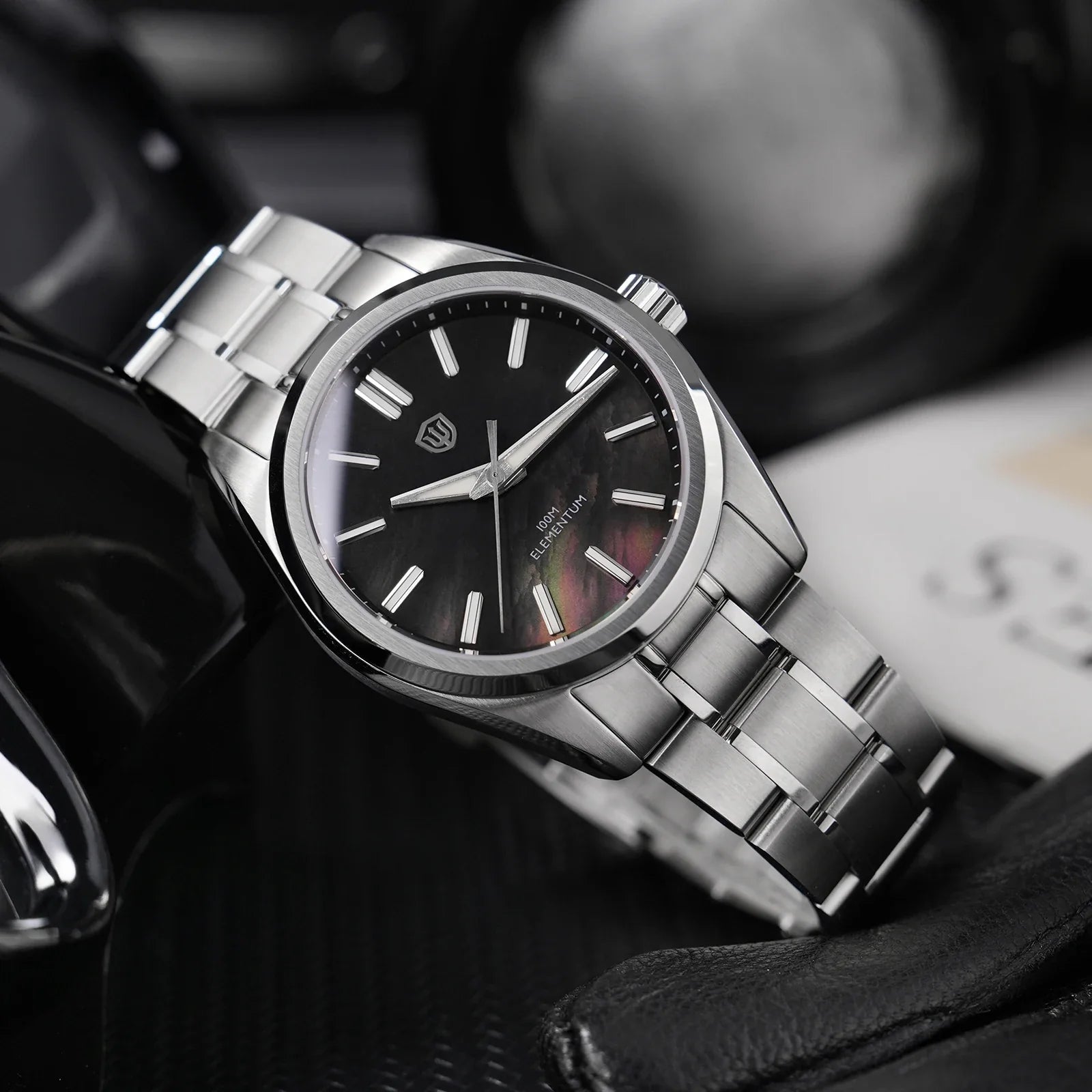 Watchdives Elementum WD0003C on wrist wearing stainless steel bracelet, 100m water resistance tested and ready for daily wear