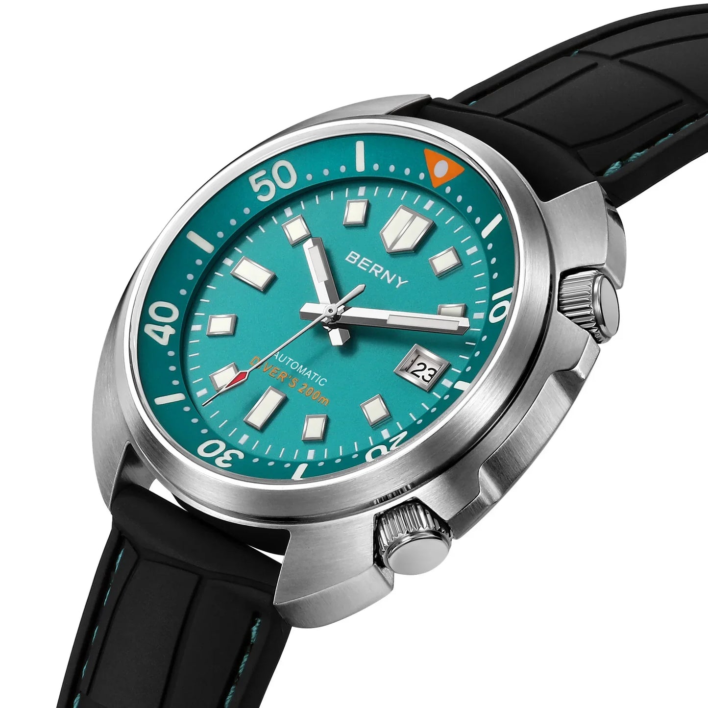 Berny Sapphire Reef Diver AM1970M cushion case with Klein Blue dial and screw-in crown, sapphire crystal catching light