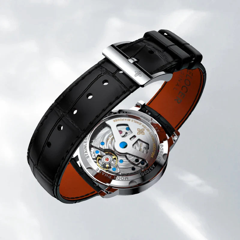 Limited edition Agelocer Lunar Reserve model 6401A1 featuring calfskin leather strap and shock-resistant 316L steel case