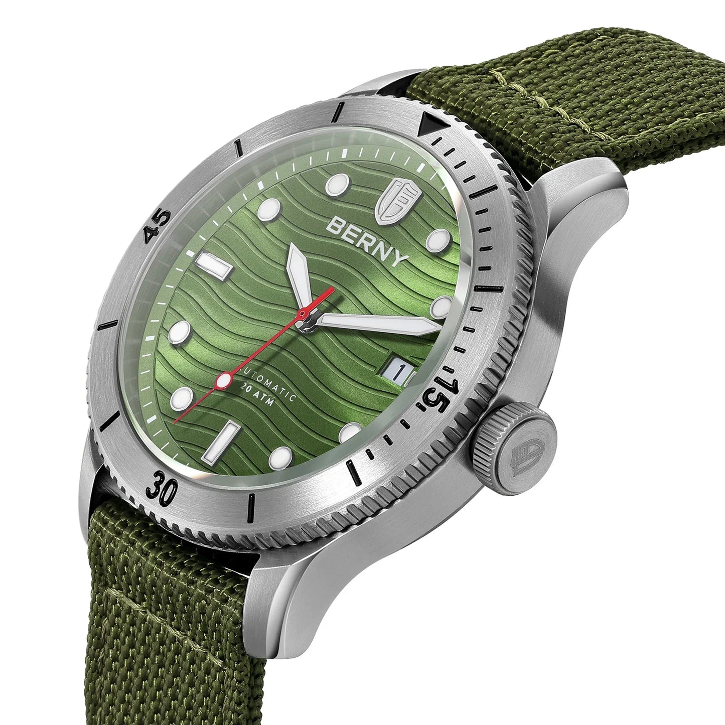 Stainless steel case and nylon band of the BERNY Wavy Dial Diver AM134M shown from the side profile