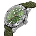 Stainless steel case and nylon band of the BERNY Wavy Dial Diver AM134M shown from the side profile