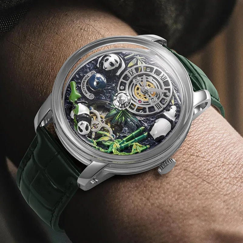 Stainless steel case of the LUDLOW Panda Skeleton timepiece angled to reveal the intricate M2791B self-winding mechanical movement within