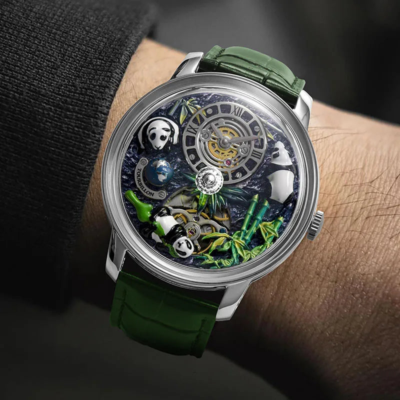 Close-up of LUDLOW Skeleton Panda showing contrasting black and white dial design with mechanical gears exposed beneath hardlex sapphire window