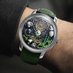 Close-up of LUDLOW Skeleton Panda showing contrasting black and white dial design with mechanical gears exposed beneath hardlex sapphire window