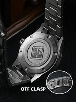Black mother of pearl dial features applied hexagonal logo and guilloche texture on San Martin SN0150-G1 dress diver