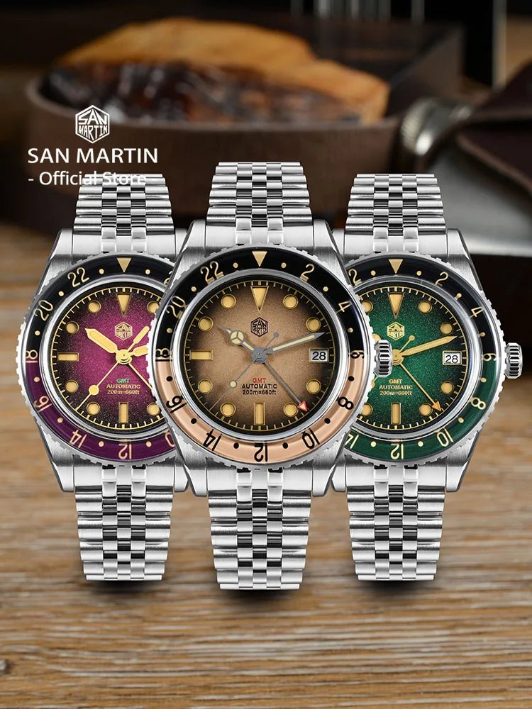 San Martin SN0134-G GMT automatic watch displaying full luminous retro sandwich dial in brown with bidirectional sapphire bezel