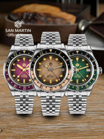 San Martin SN0134-G GMT automatic watch displaying full luminous retro sandwich dial in brown with bidirectional sapphire bezel