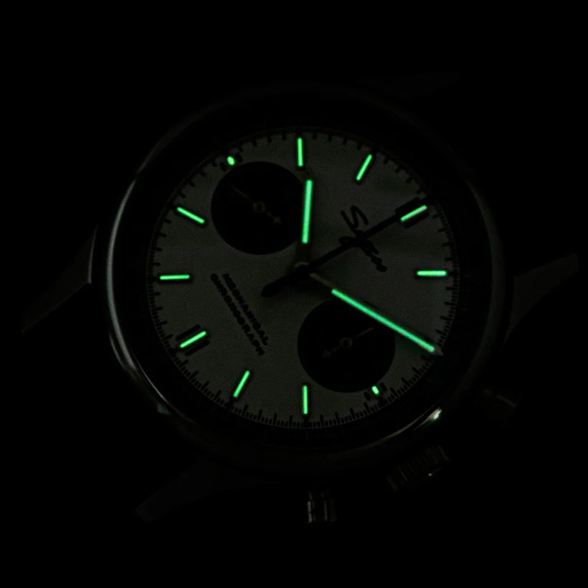 Wrist shot of the Sugess Panda Chronograph demonstrating the 20-unit leather band fit and stopwatch functionality in everyday wear