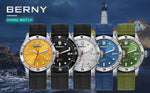 Top-down view of BERNY AM134M screw-in crown and unidirectional rotating bezel for dive timing