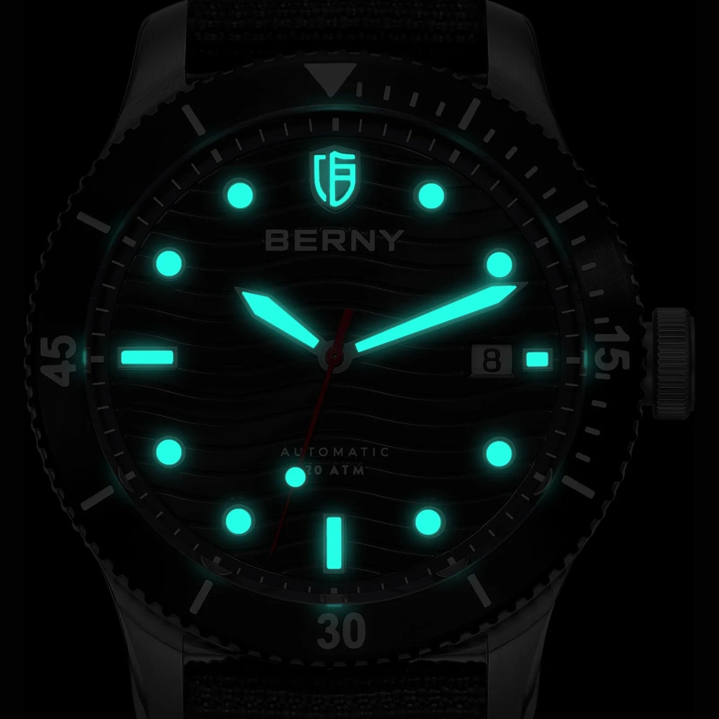 Back exhibition case of BERNY Wavy Dial Diver revealing PT5000 automatic movement through sapphire