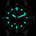 Back exhibition case of BERNY Wavy Dial Diver revealing PT5000 automatic movement through sapphire