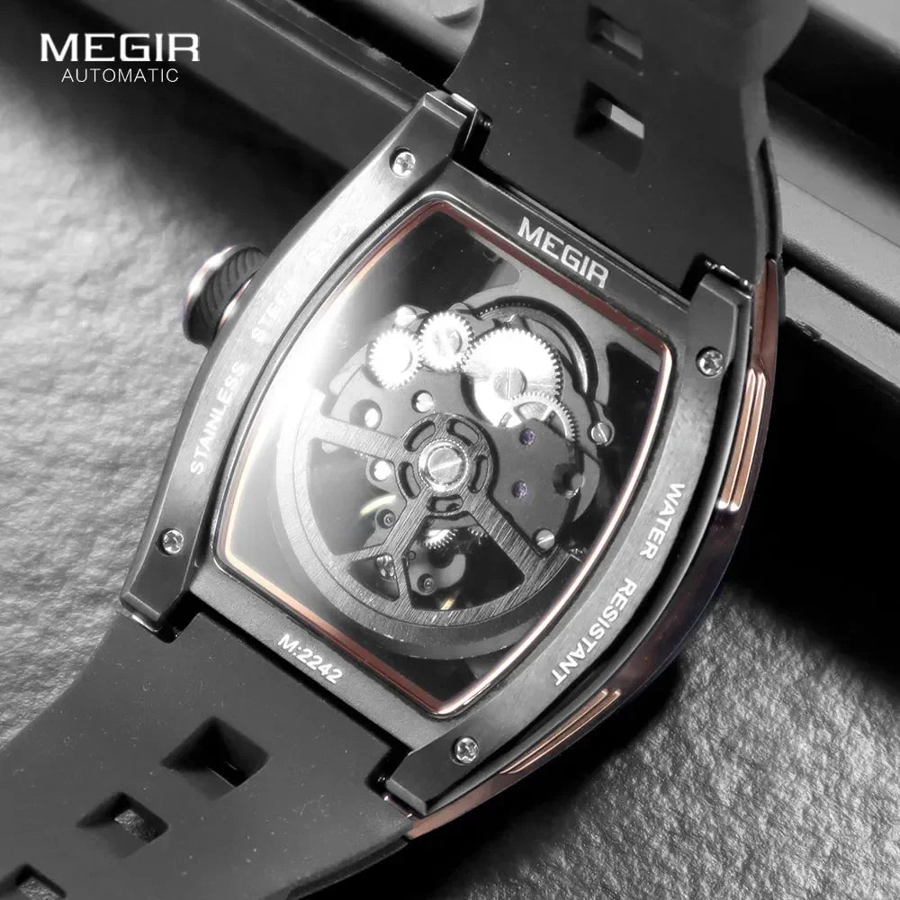 VESPER tonneau watch from the side showcasing 15mm case thickness, water-resistant to 3 bars, mechanical hand-wind and auto-wind capabilities
