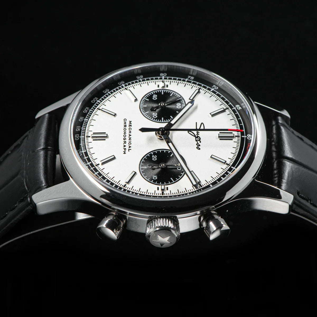 Close-up of the Sugess chronograph pushers and sapphire crystal showing the subdial configuration and hand-wound mechanical movement