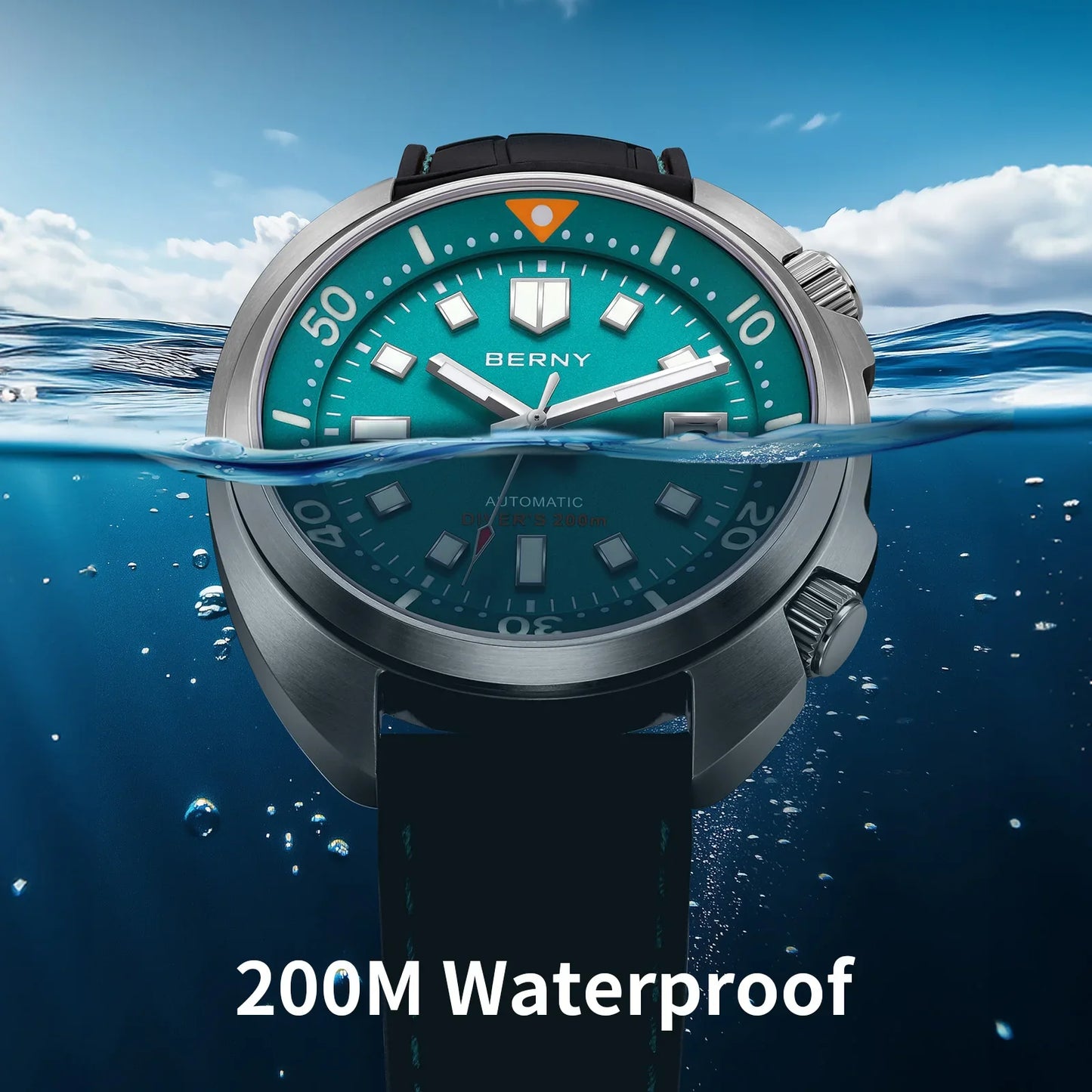 Close-up of Berny Sapphire Reef Diver's super luminous hands and date window at 3 o'clock position on dial