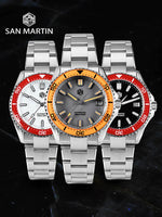 San Martin SN0129-G-D enamel dial sapphire diver watch front facing, luminous hands and bezel glowing blue and orange