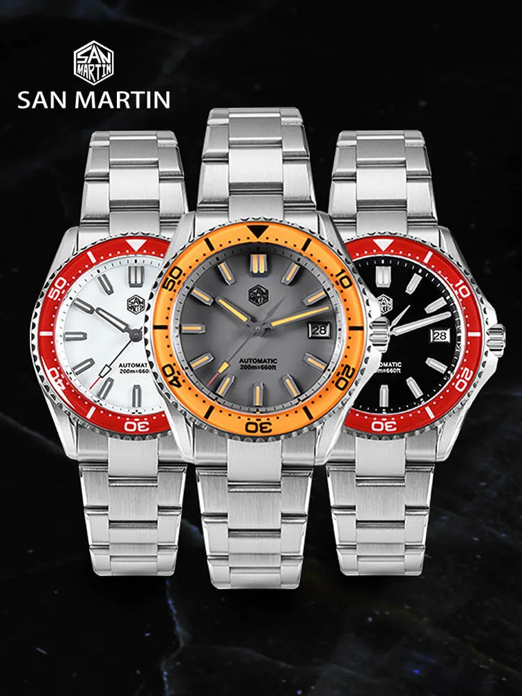 San Martin SN0129-G-D enamel dial sapphire diver watch front facing, luminous hands and bezel glowing blue and orange