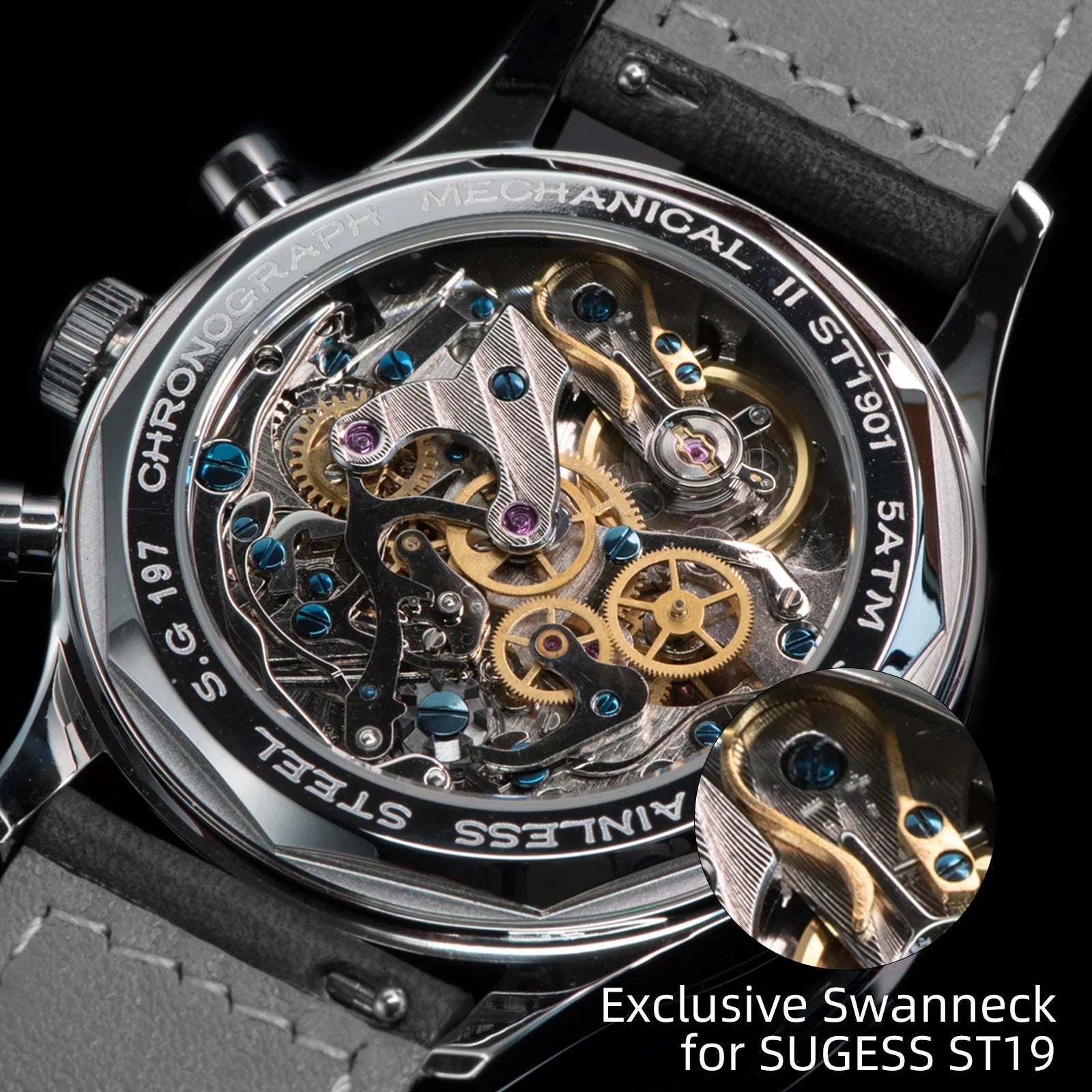 Swanneck chronograph face displaying complete calendar and lunar phase indicator with hand-wound Seagul movement