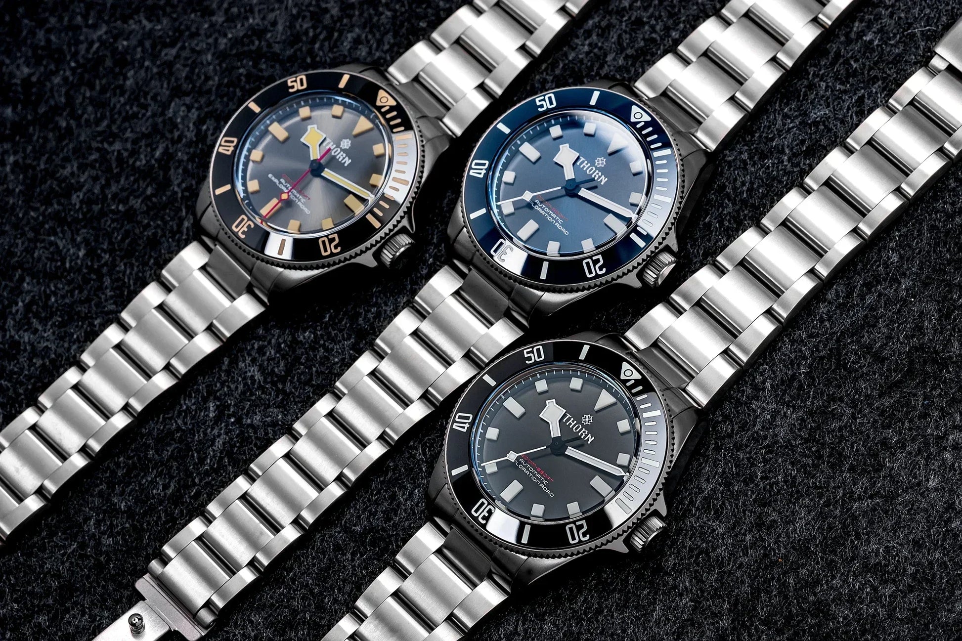 Rotating uni-directional ceramic bezel on THORN titanium diver watch highlighting the mechanical timing feature for underwater use