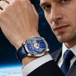 Full wrist shot of MERIDIAN Automatic skeleton watch with hidden push-button clasp and water-resistant 10-bar construction