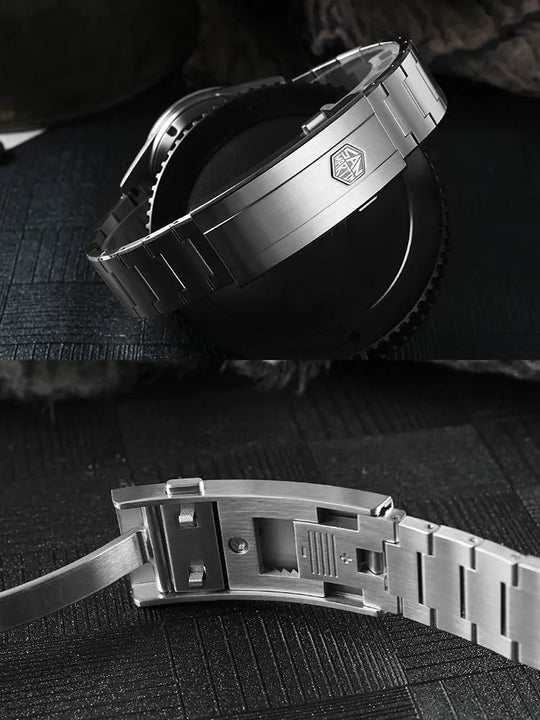 San Martin SN0151-GL 39mm diver with black guilloche mother of pearl dial, sapphire bezel, and 316L steel bracelet combo