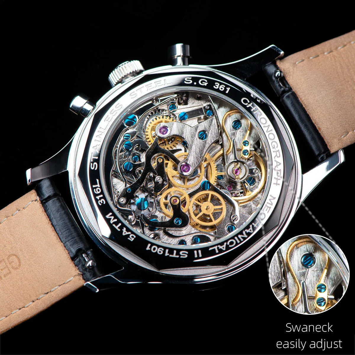 Luminous hands and markers on the Sugess 1963-40 chronograph catch light against the iconic panda subdial layout