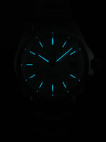 Wrist wear view of San Martin SN0129-GC showing white desert texture dial, 46.5mm lug to lug, 10 bar water resistant