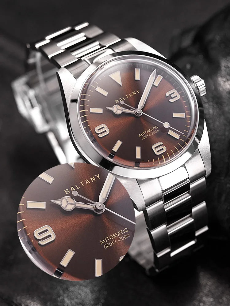 39mm round case 316L stainless steel Baltany Explorer with screw-in crown and caseback built for 200m water resistance