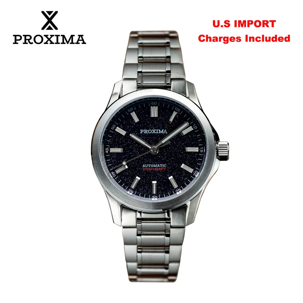 Proxima PX1746 blue aventurine dial catches light with gemstone depth, 39mm stainless steel case and luminous hands visible under sapphire crystal