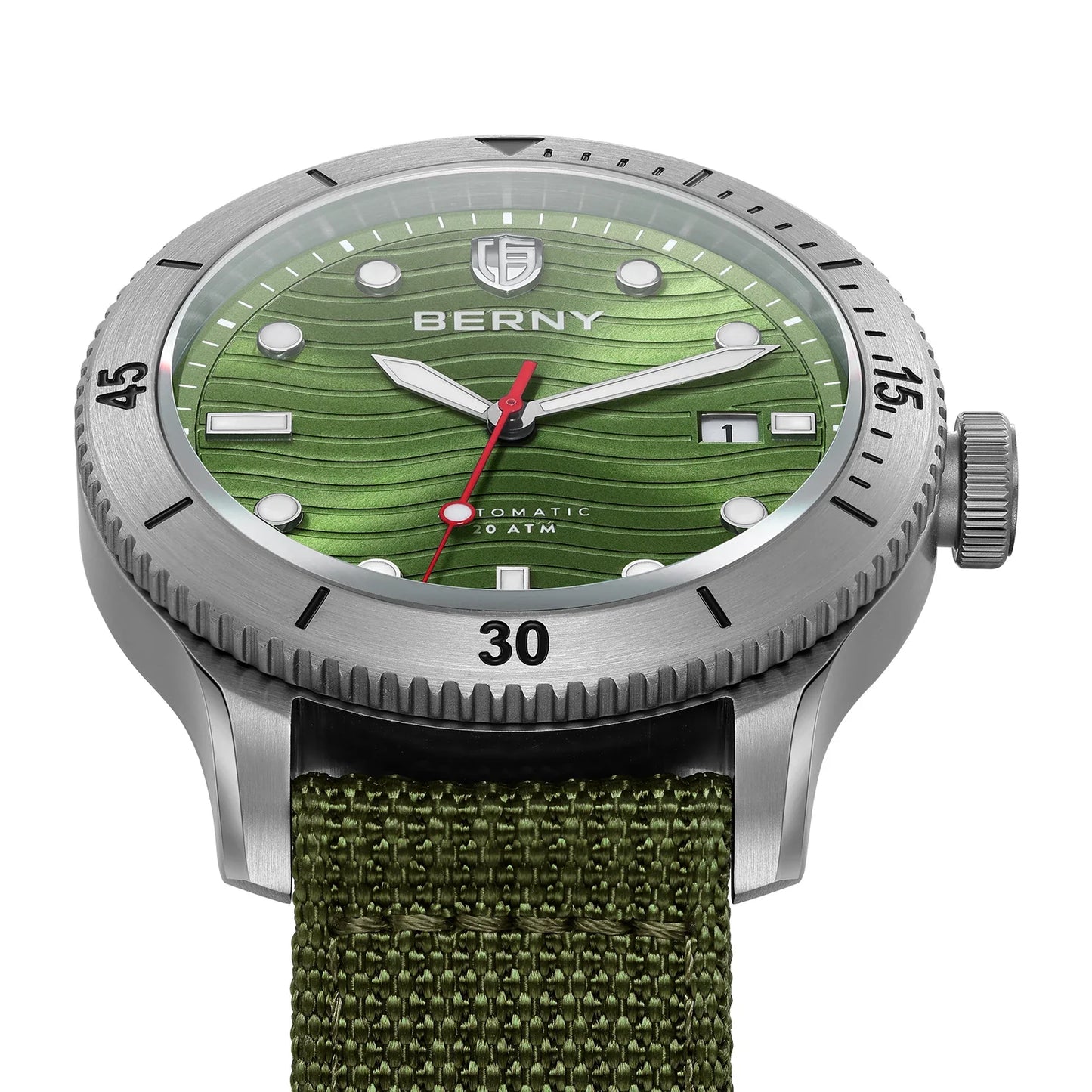 Close-up of BERNY AM134M date window at 3 o'clock and 3D wavy dial pattern catching light