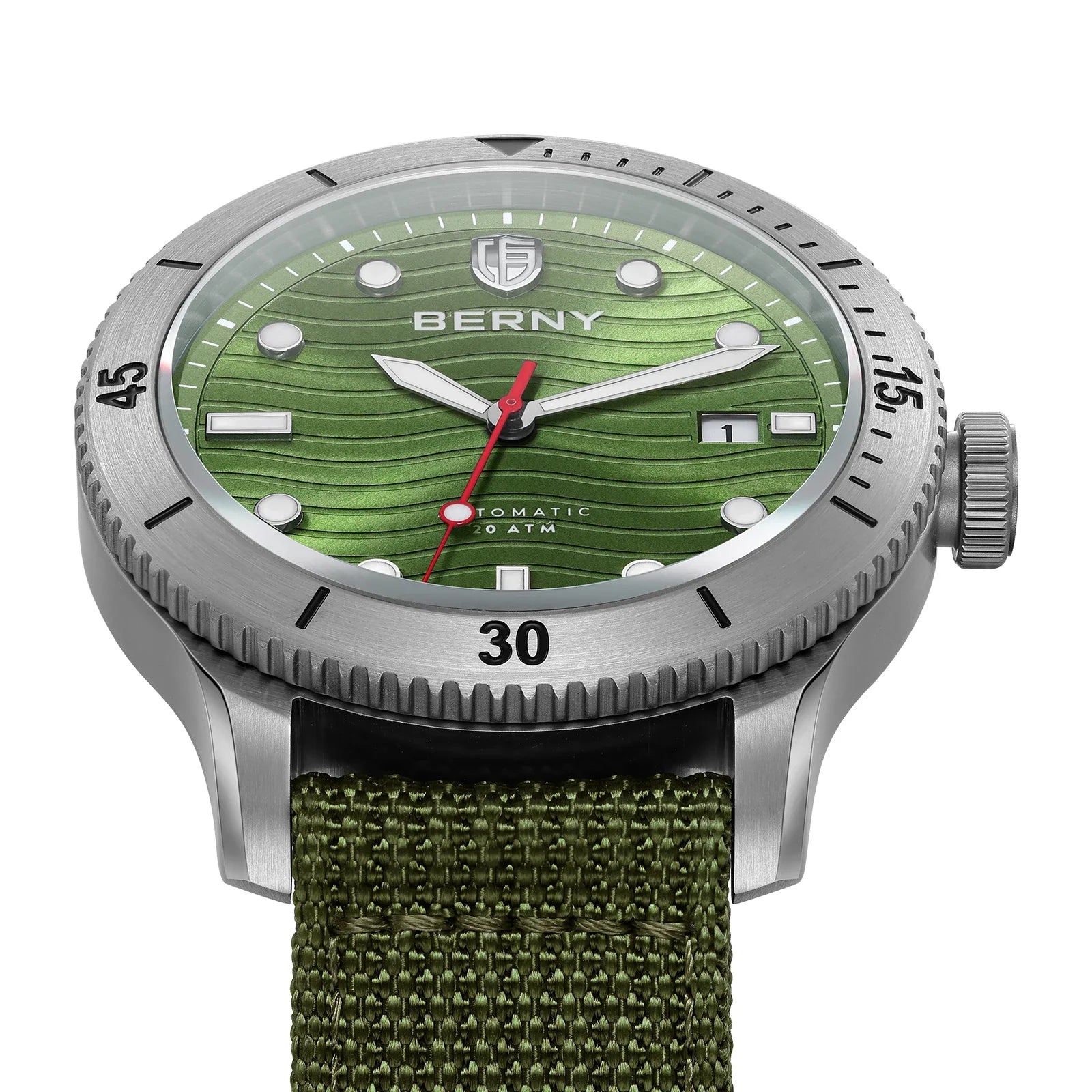 Close-up of BERNY AM134M date window at 3 o'clock and 3D wavy dial pattern catching light