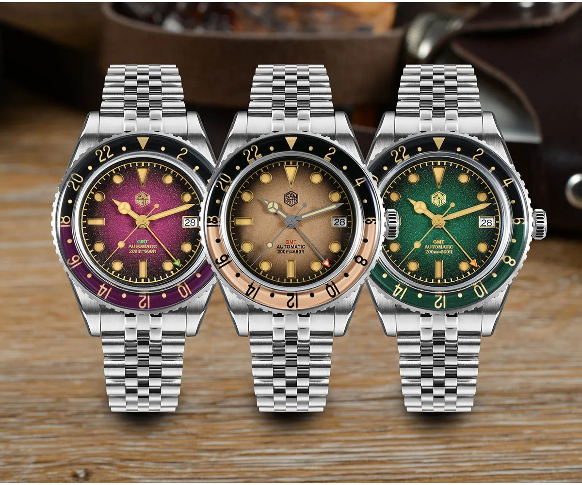 Screw-down crown with 3D hexagon San Martin logo sits prominently on this NH34 automatic movement dress diver