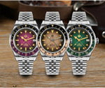 Screw-down crown with 3D hexagon San Martin logo sits prominently on this NH34 automatic movement dress diver