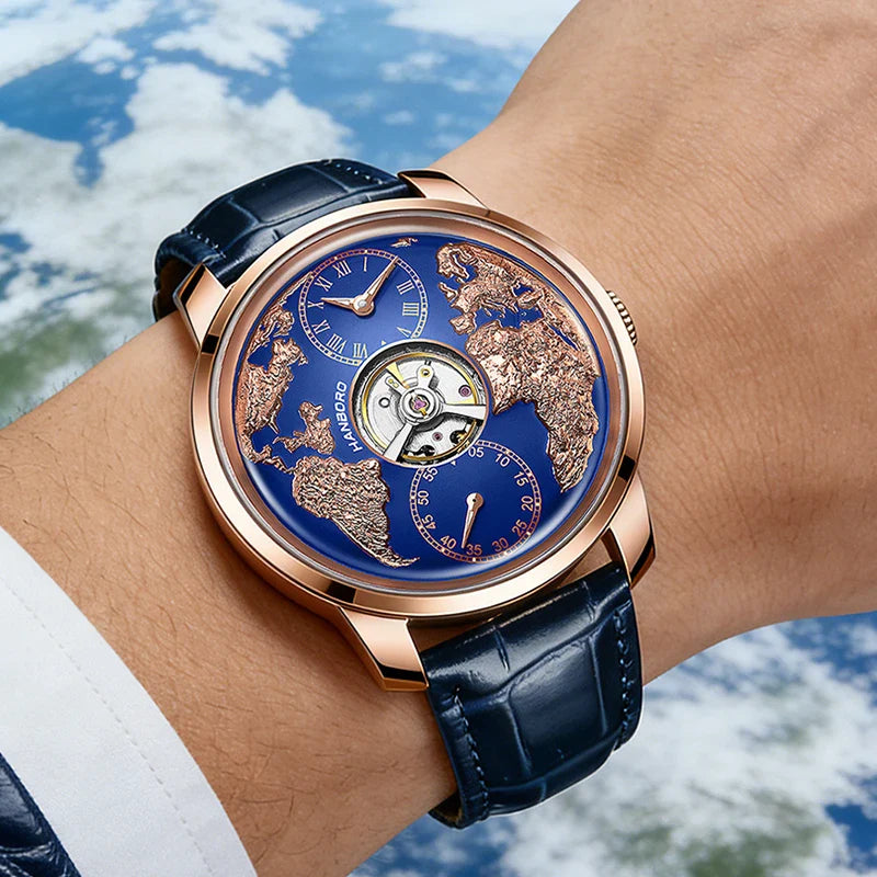 Transparent skeleton face revealing automatic mechanical movement of MERIDIAN timepiece through hardlex crystal window