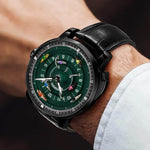Leather strap detail on MERIDIAN Skeleton Diver 47mm automatic timepiece with 50M waterproof capability and mechanical hand wind
