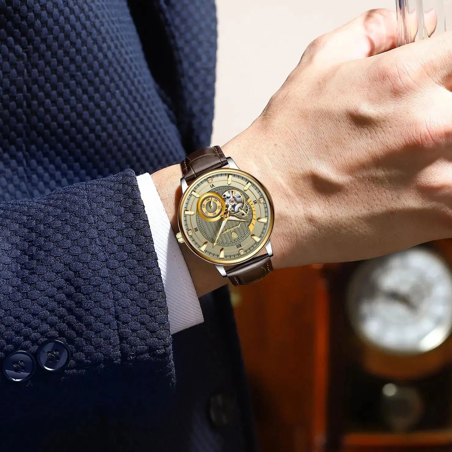 Wrist shot of HOROLOGIUM Skeleton Tourbillon 42mm with brown leather strap displaying Roman numerals and transparent movement