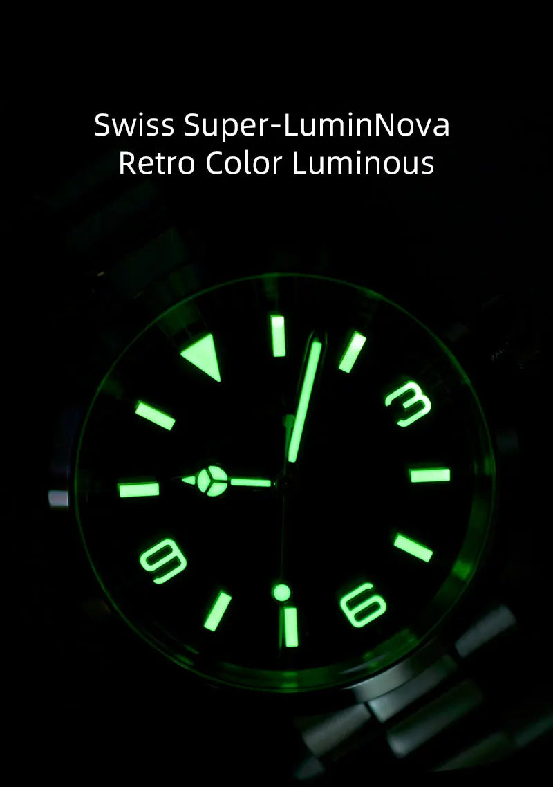 Close-up of Baltany Explorer S204035 bezel and dome sapphire glass showing AR coating and applied indices