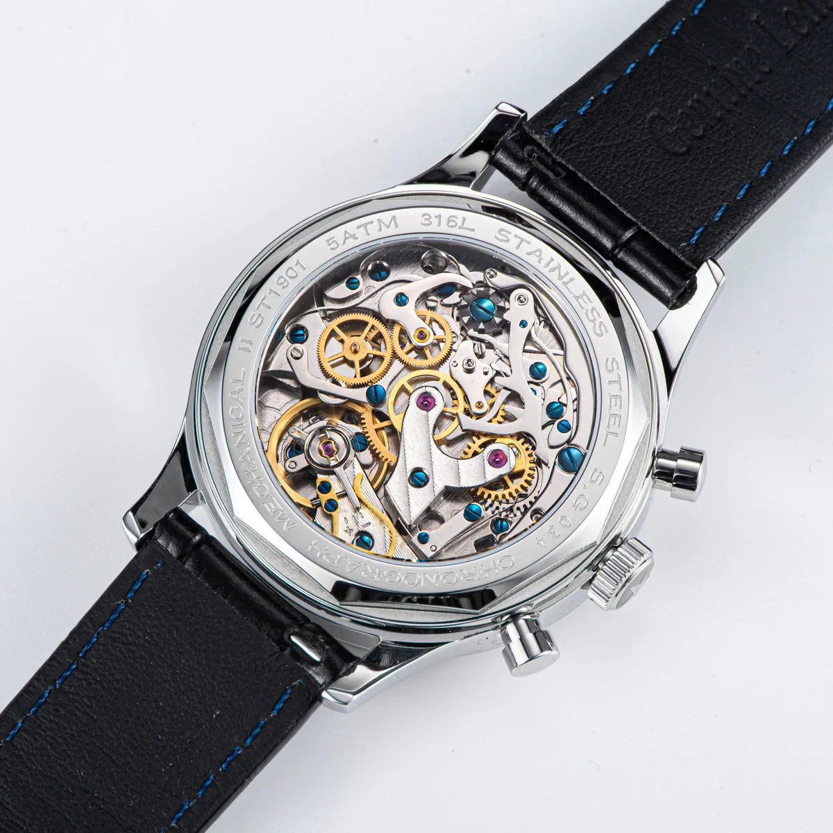 Classic 38mm Sugess S387 Daytona-inspired pilot watch featuring sapphire crystal, leather strap, and luminous hands against minimalist numberless dial