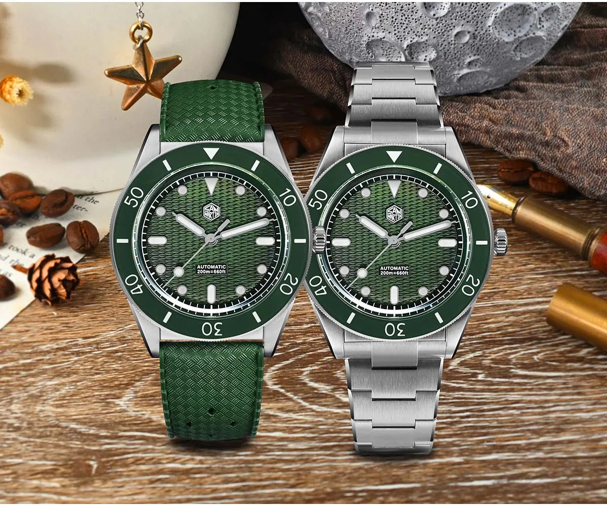 Screw-down crown featuring 3D hexagon logo on the San Martin Guilloche Pearl Diver mechanical timepiece