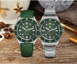 Screw-down crown featuring 3D hexagon logo on the San Martin Guilloche Pearl Diver mechanical timepiece