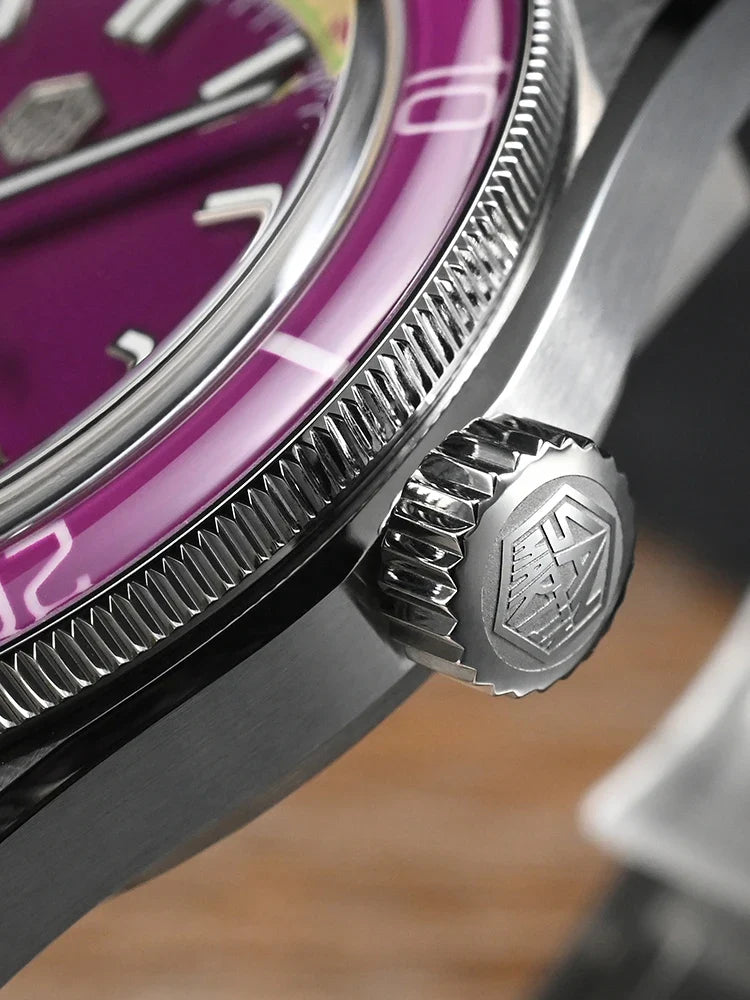 Close-up of San Martin automatic movement mechanism and brushed screw-down case back with 3D hexagon engraving detail